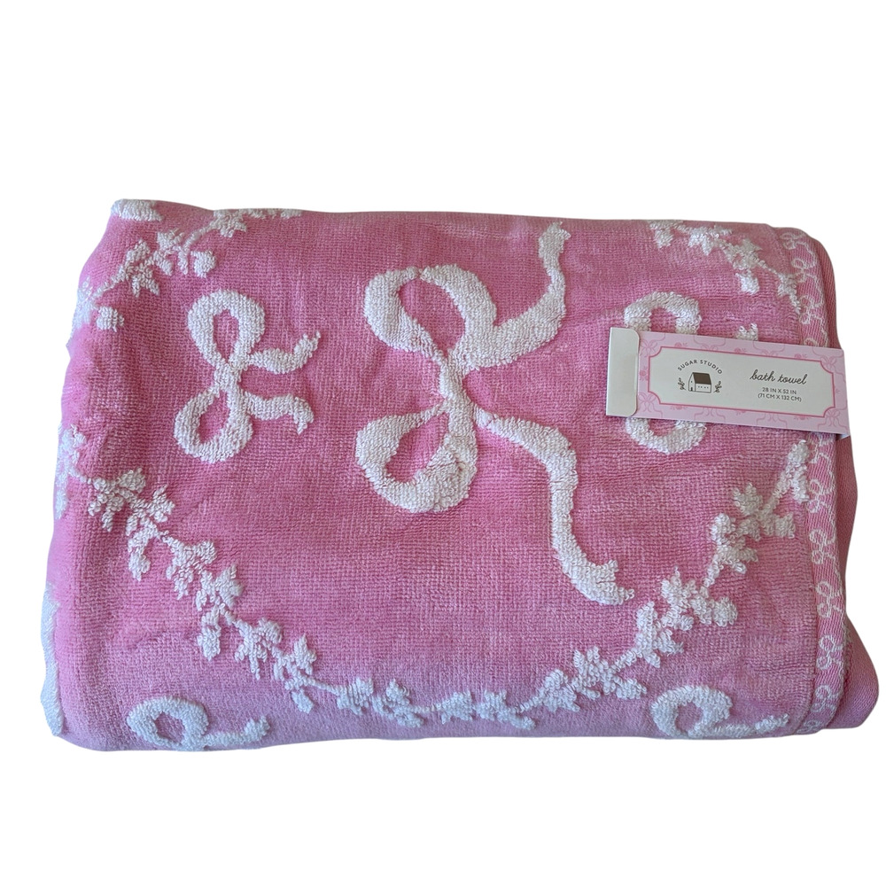 Plush Pink & White BOW Bath Towel Set of 2 Chic 100% Cotton  Bath NEW